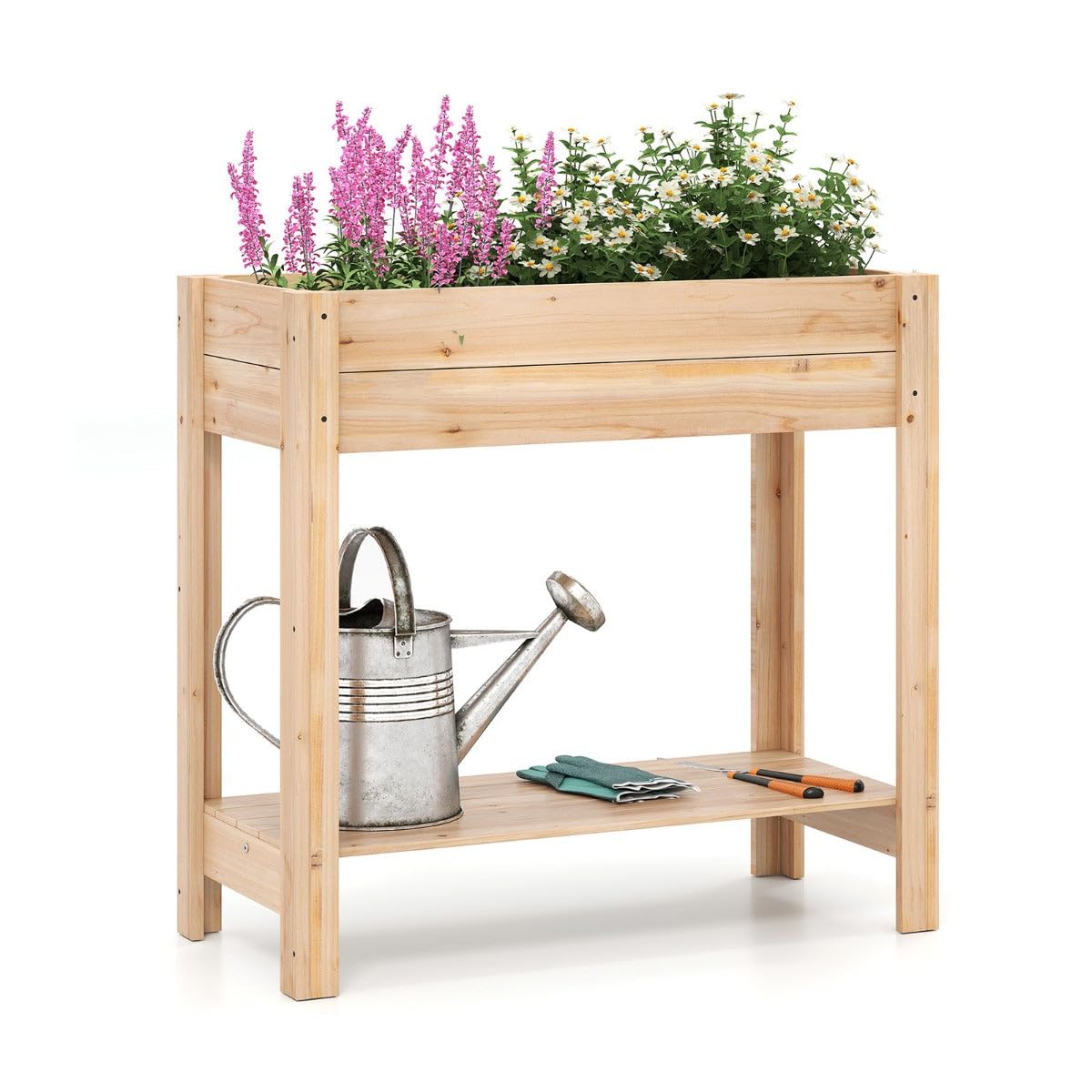 Helloshop26 - Jardinera elevada, madera, 81 x 38 x 77 cm, con estante de almacenamiento ergonómico, estilo rústico, de madera natural, 20_0012218
