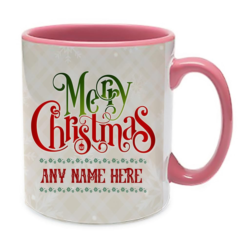 Getagift Personalised Merry Christmas Mug with Name, Festive Xmas Gift, Present for Christmas Eve, Inside Coloured Coffee, Tea Mug. (Pink)