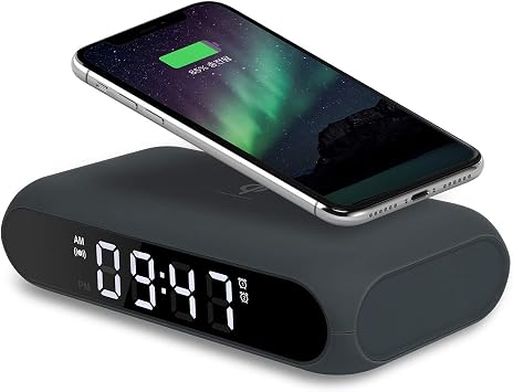 mooas Qi Wireless Charging Slim Mirror Desk Clock Charcoal Gray, Compact Digital Alarm Clock with USB Port, Wireless Charger for iPhone 15/16/17, Airpods, Samsung Galaxy S24/S25/S26