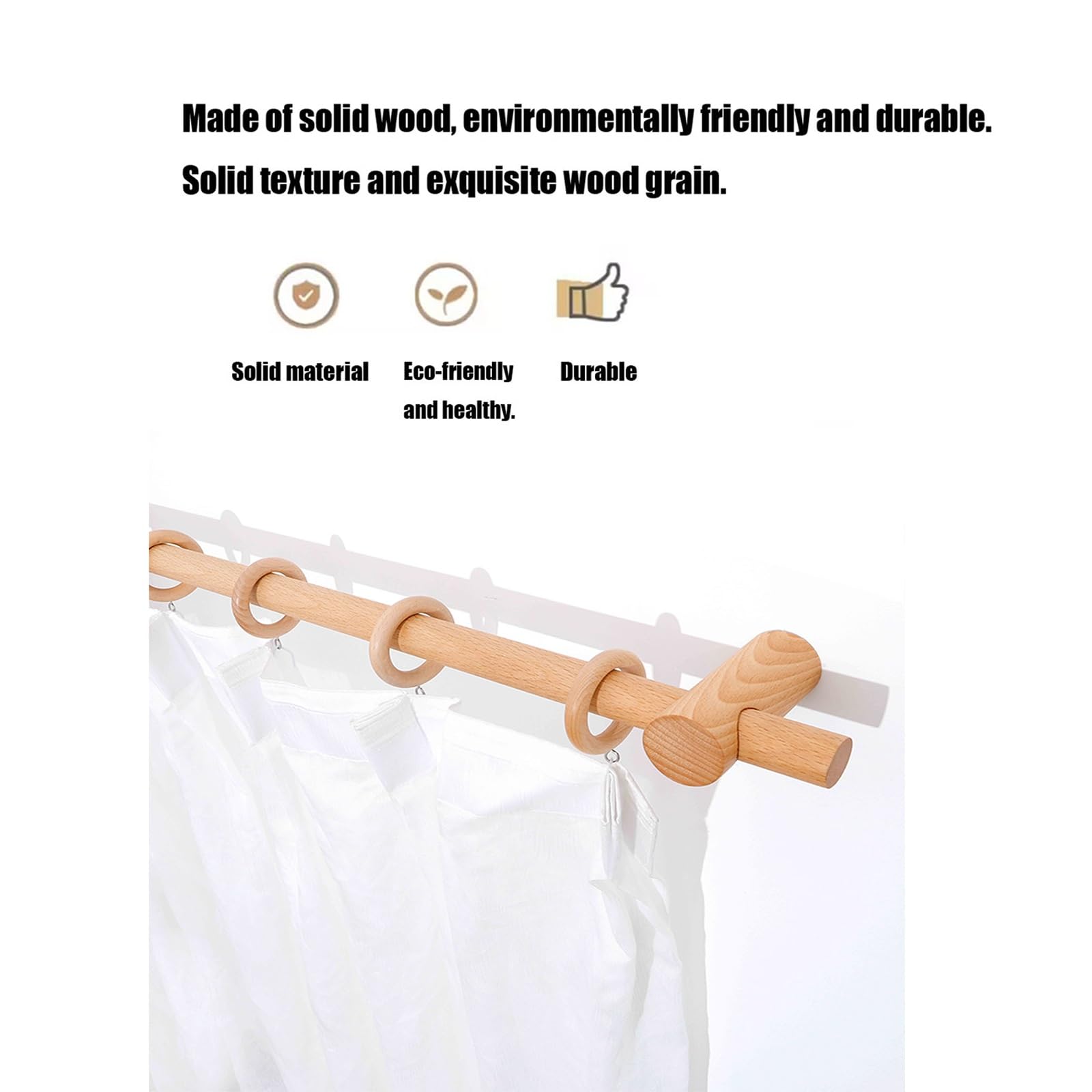 Tringle à rideaux romaine en bois massif naturel de 29 mm de diamètre, résistante à l'humidité et sans odeur, 240 cm, tringle simple pour un traitement élégant de fenêtre