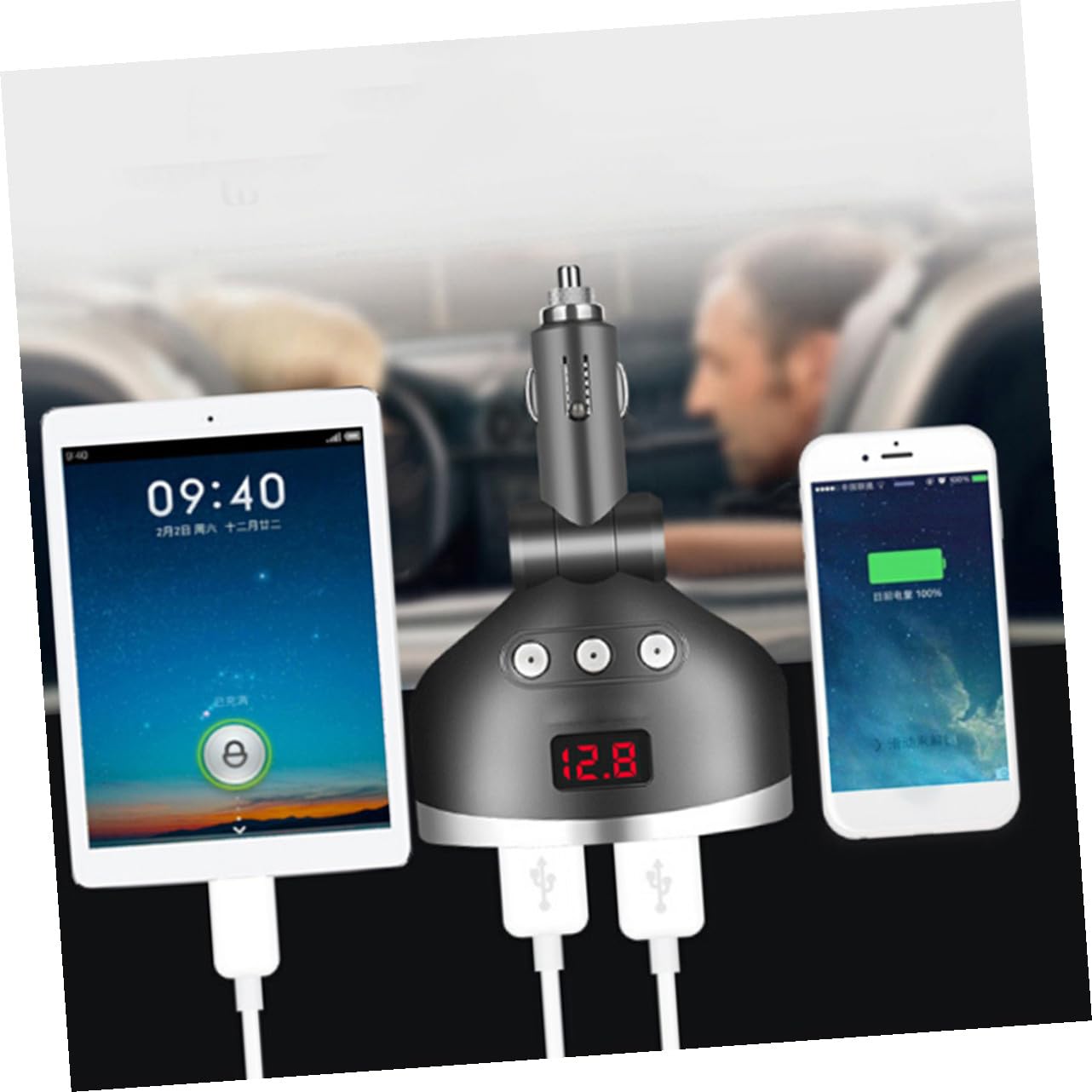 Caricabatterie Auto con Splitter da Prese Accendisigari Dc Alimentatore Auto con Off e Display Tensione Doppia Porta USB Ricarica Rapida per Cellulari Tablet