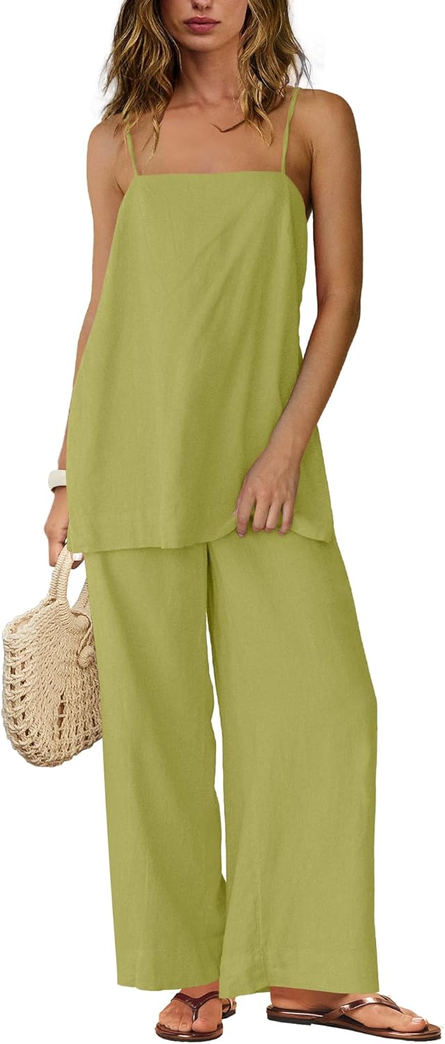 Yanekop Linen Sets for Women 2 Piece Pants Summer Outfits Matching Lounge Sets Spaghetti Strap Tank Top Pants Sets