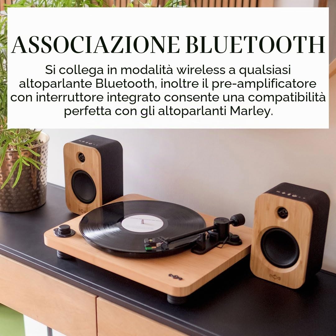 House of Marley Stir It Up Lux Giradischi Wireless – Giradischi Bluetooth per Vinili, 2 Velocità, realizzato in Materiali Sostenibili, Piatto in Vetro, Stilo Ellittico AT-95E, Bamboo