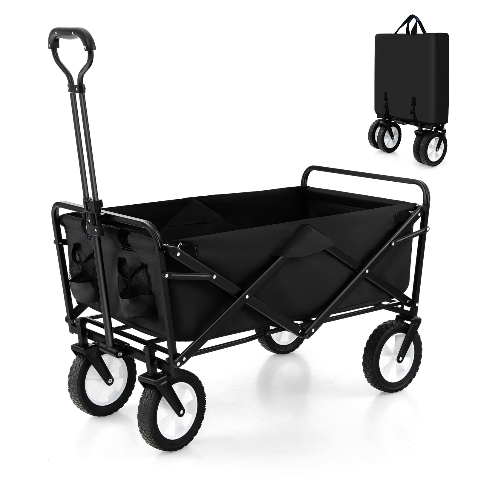 COSTWAY Folding Trolley Cart, Collapsible Garden Festival Wagon with 2 Cup Holders and Adjustable Handle, Outdoor Transport Pull Along Carts for Camping Beach Shopping Sporting Events (Black)