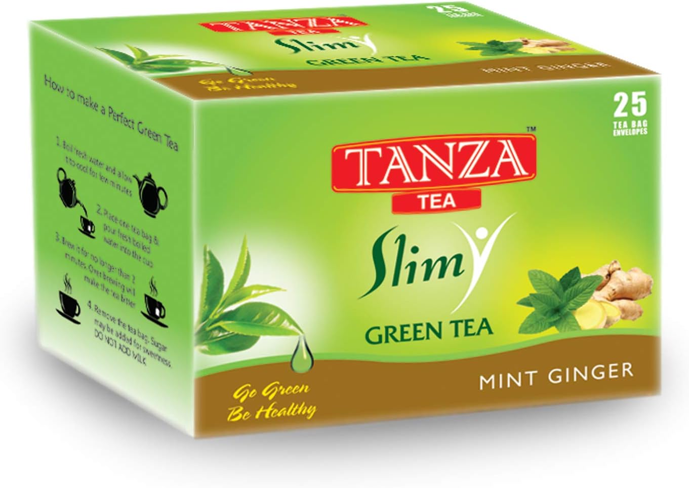 Tanza Tea Slim Green Tea | Mint Ginger Flavoured | 25 Tea Bag Envelopes