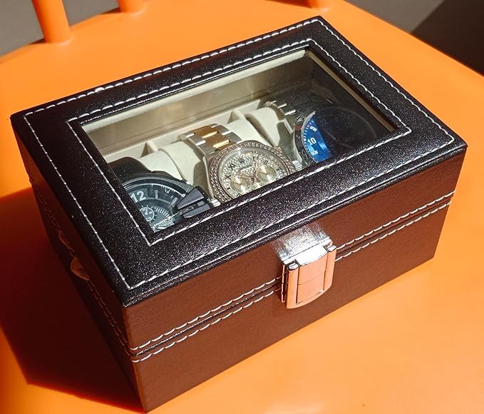 Image of Faux Leather Finish 3 Slot Cavity Wrist Watch Storage Box Display Case Organizer with Glass Window