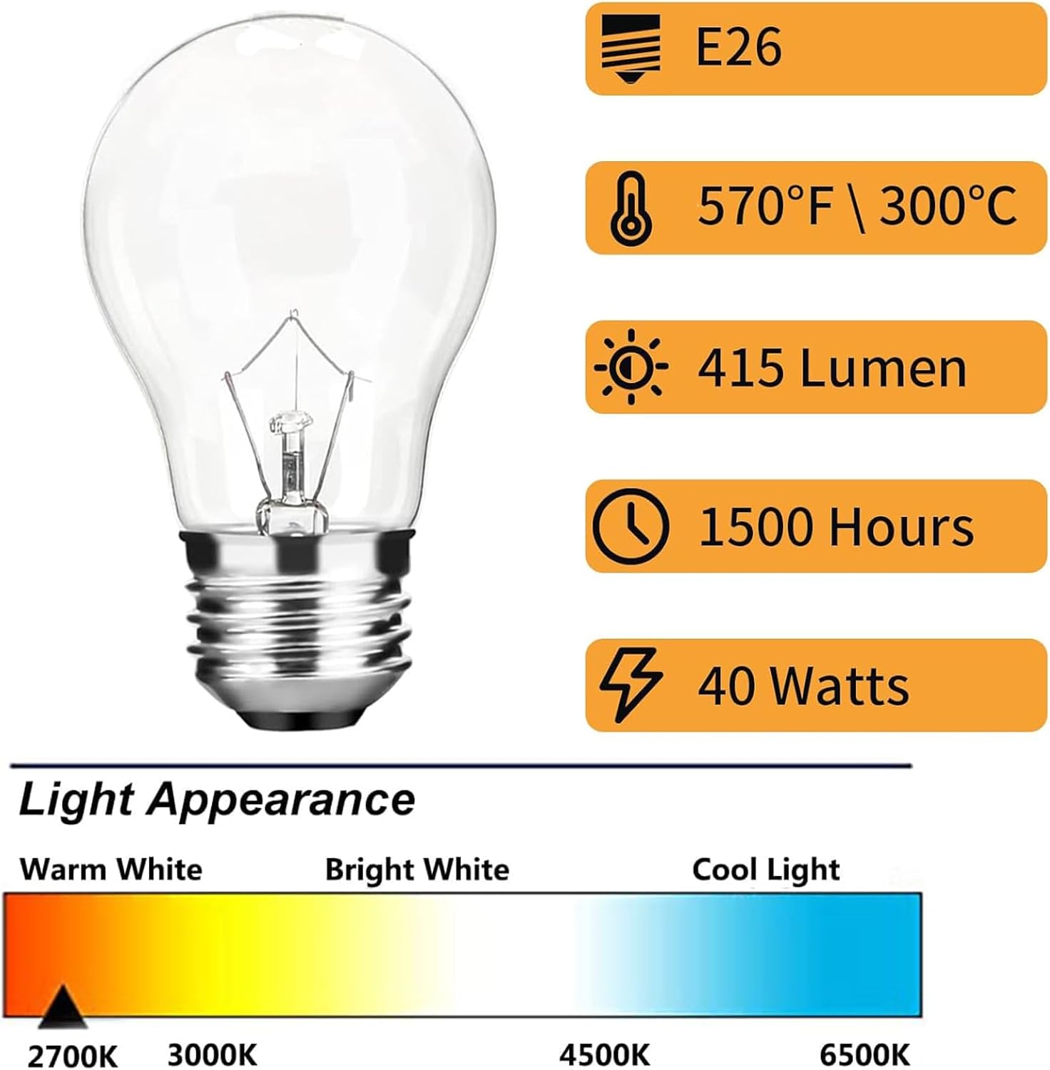 Oven Light Bulb A15 40 Watt Light Bulb，120V E26 Medium Base,High Heat Incandescent Bulbs Resistant Appliance for Oven, Stove, Refrigerator Warm White 2700K, Dimmable (4 Pack)