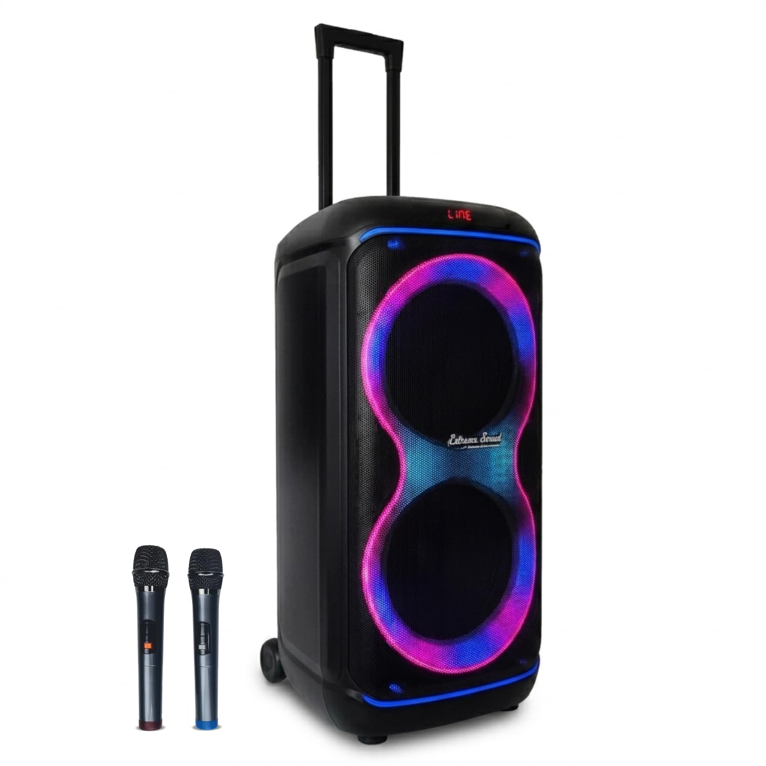Extreme Sound Cassa audio Trolley doppio Woofer 10" pollici con Microfoni Wireless, Bluetooth, Batteria Ricaricabile Alta Potenza - AMPLIFICATA - Cassa per Eventi - Karaoke e artisti di strada