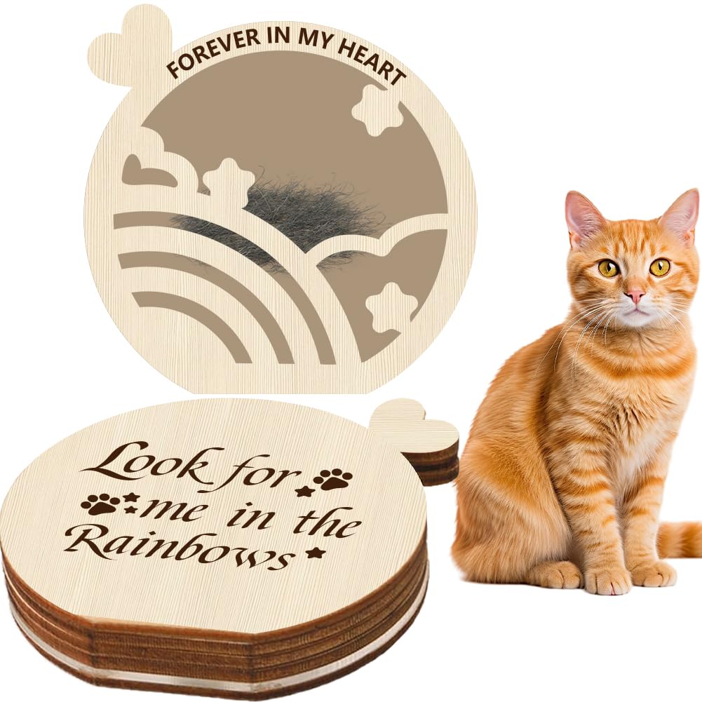 PRESSINART Pet Hair Keepsake Box Dog Memorial Box for Hair Look for Me in the Rainbows Pattern Round Wooden Engraved BurlyWood Memorial Cases For Storing Cats Fur Teeth Nails Pet Loss Sympathy Gifts