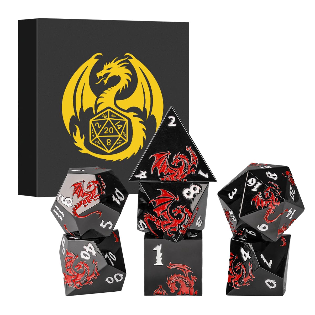 Metal Dice Set, Flat Face Black Red Dragon Pattern, 7pcs Polyhedral Metal DND Dice Set, DND Starter Set, D&D Gifts with Gift Box, Role Playing Board Games Accessories, Black