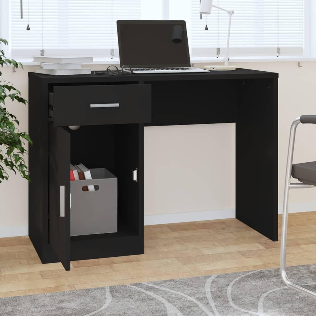 Scrivania Nero in Legno Ingenerizzato 100x40x73cm con Cassetto e Anta per Ufficio Studio Casa Smartworking Postazione PC Gaming Salvaspazio e Organizzazione