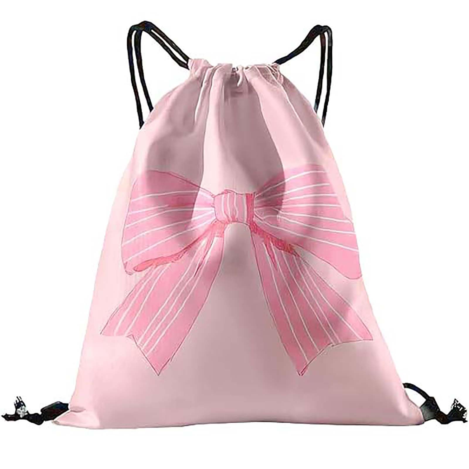 Grion White Bow Drawstring Bag Waterproof Lightweight For School Swimming Gym - Pink Polka Dot Design Adjustable Straps Portable For Women Girls Travel Hiking Picnic Sports Activities PE Kit
