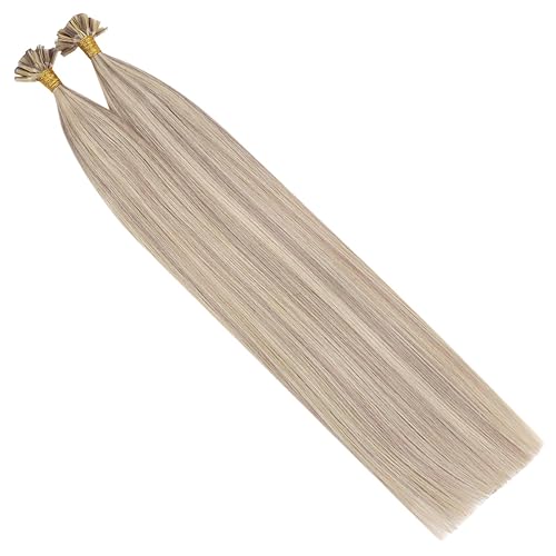 Miniatura 9 de Ugeat Extensiones de cabello rubio Utip extensiones de cabello humano Utip de 18 pulgadas, 50G 50S cálido rubio ceniza con reflejos rubio decolorado