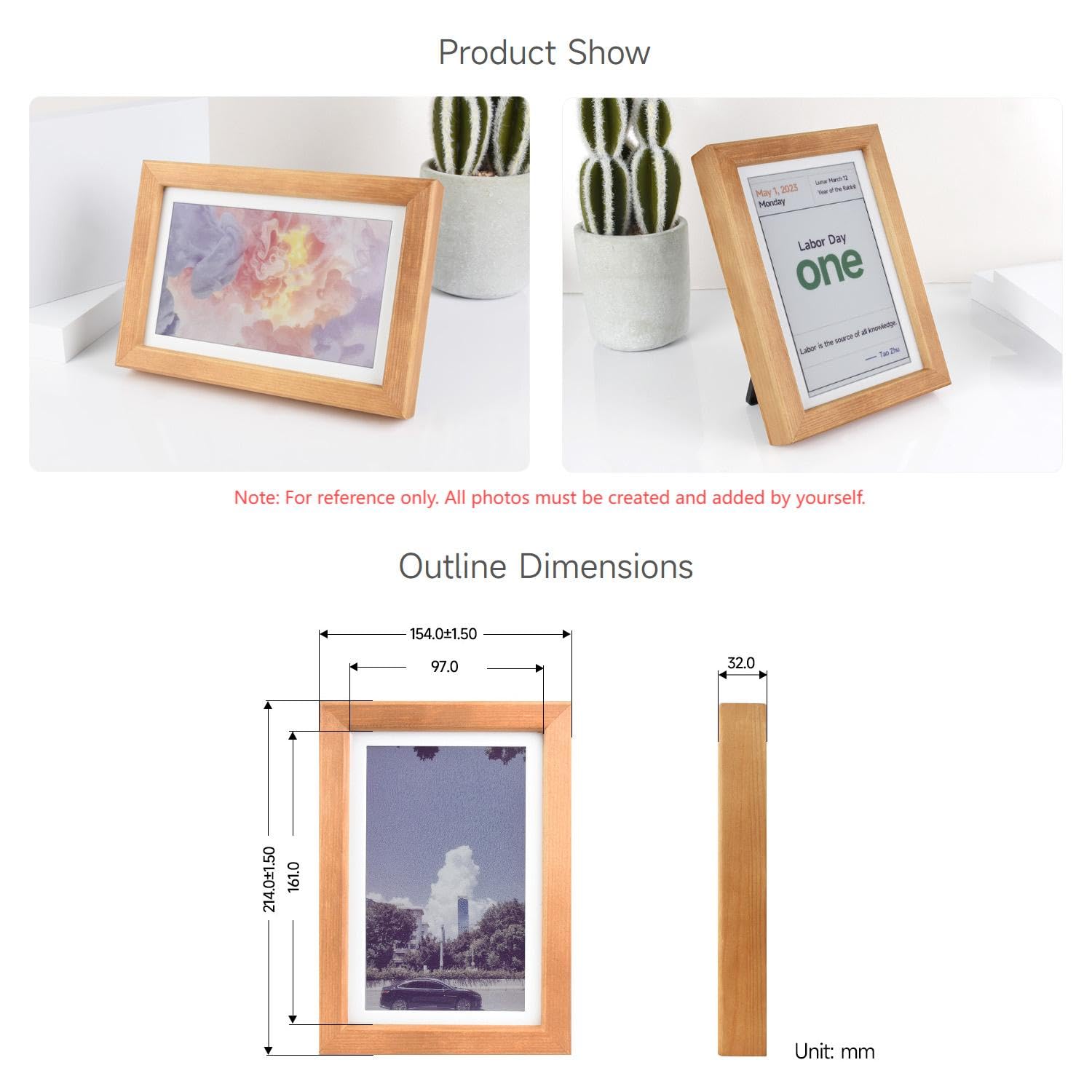 Waveshare 7.3inch ACeP 7-Color E-Paper with Solid Wood Photo Frame, Ultra-Long Standby, 800x480, Suitable for Different Content Displays Like Calendars, Quotes, Posters (Batt are Not Included)