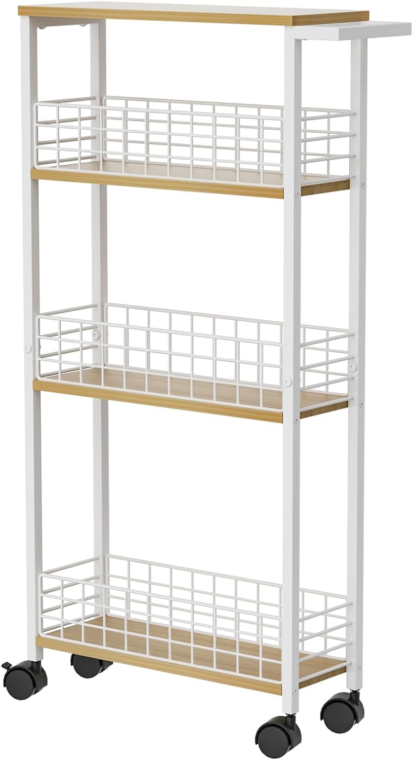 Indian Decor 61901 Slim Storage Cart for Small Spaces, 4 Tier Mobile Rolling Cart with Wheels Slide Out Storage Utility Shelves Cart with Wooden for Kitchen Narrow Spaces - White-image-41