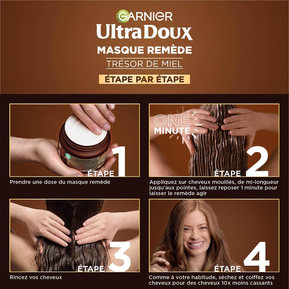 Garnier Ultra Doux - Masque Remède Reconstituant - Enrichi en Gelée Royale, Miel & Propolis - Pour Cheveux Fragiles & Cassants - Sans Parabène - Trésors de Miel - 340 ml