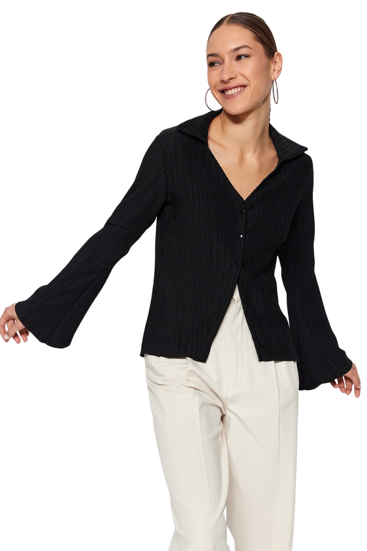 Trendyol Women Fitted Basic Shirt Collar Knit Shirt,Black,M
