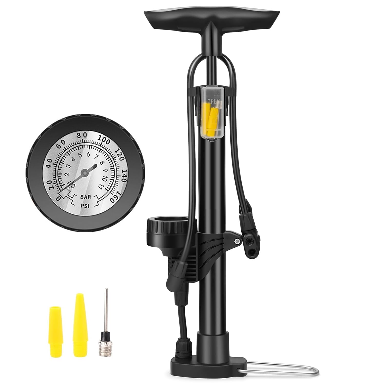 Pompa rowerowa do wszystkich zaworów, pompa powietrza do rowerów z manometrem 160 PSI, ręczna pompa stojąca z metalu do rowerów i piłek, do zaworów Schrader Dunlop i Presta