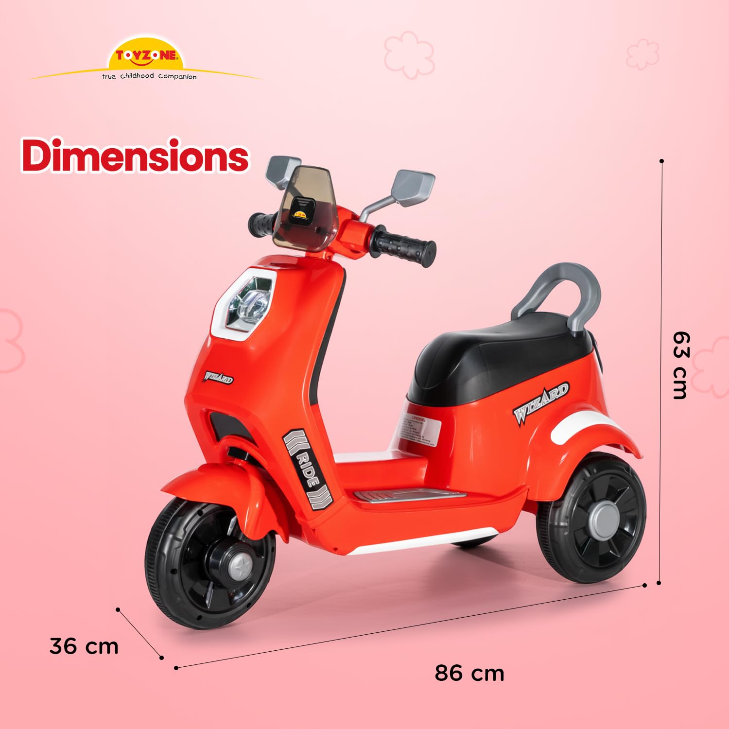 Toyzone Wizard Electric Scooty | Rechargeable Scooty 6V | Powered by 6.5 ah Battery | Music Player with Bluetoooth & USB | 6 Month Warranty on Battery | Make in India | for Kids 2+ Years (Red) 2