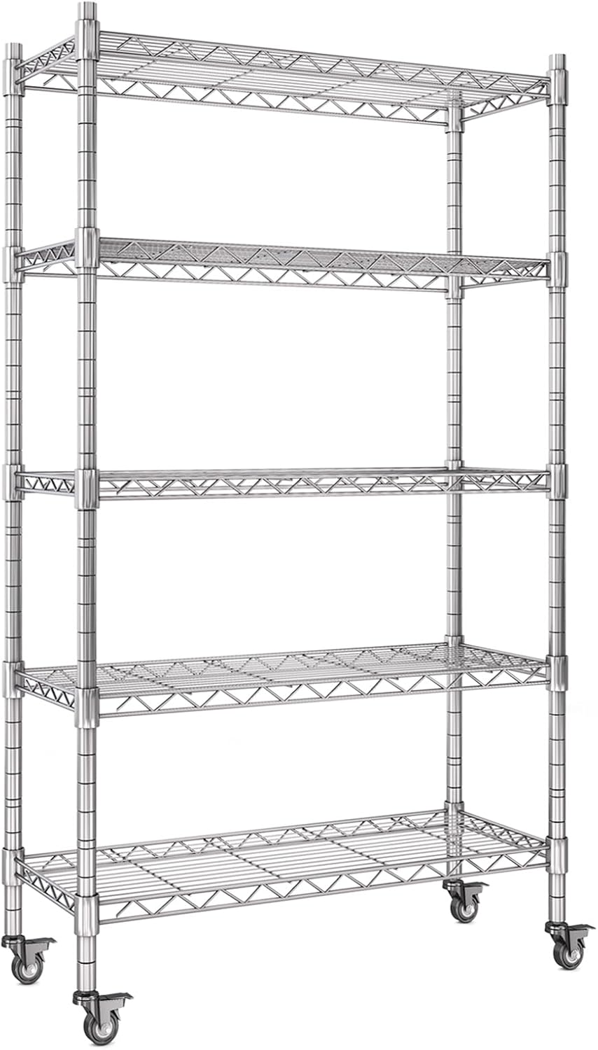 Scaffale Stretto Portaoggetti a 5 Ripiani,Scaffale Metallo Garage,Ripiani Regolabili con 4 Piedini di livellamento,Scaffale Metallico Portante da 700 kg,per Cucina,Bagno,Garage,84x33x186cm,Cromato