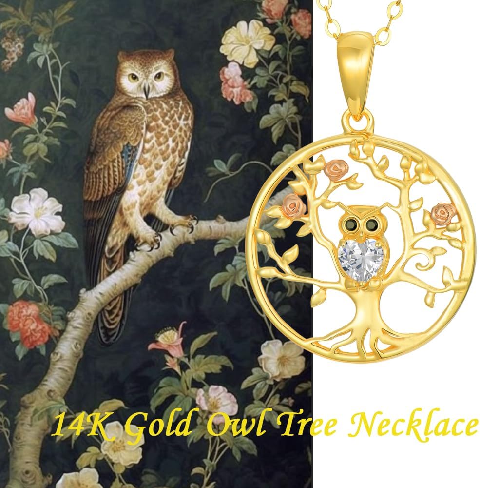 Solid 14K Gold Tree of Life Necklace/Bracelet for Women, 14kt Gold Owl Necklace Family Tree Pendant Necklaces Fine Jewelry Gifts for Mom Wife Nana Mothers Day Christmas Birthday - Image 3