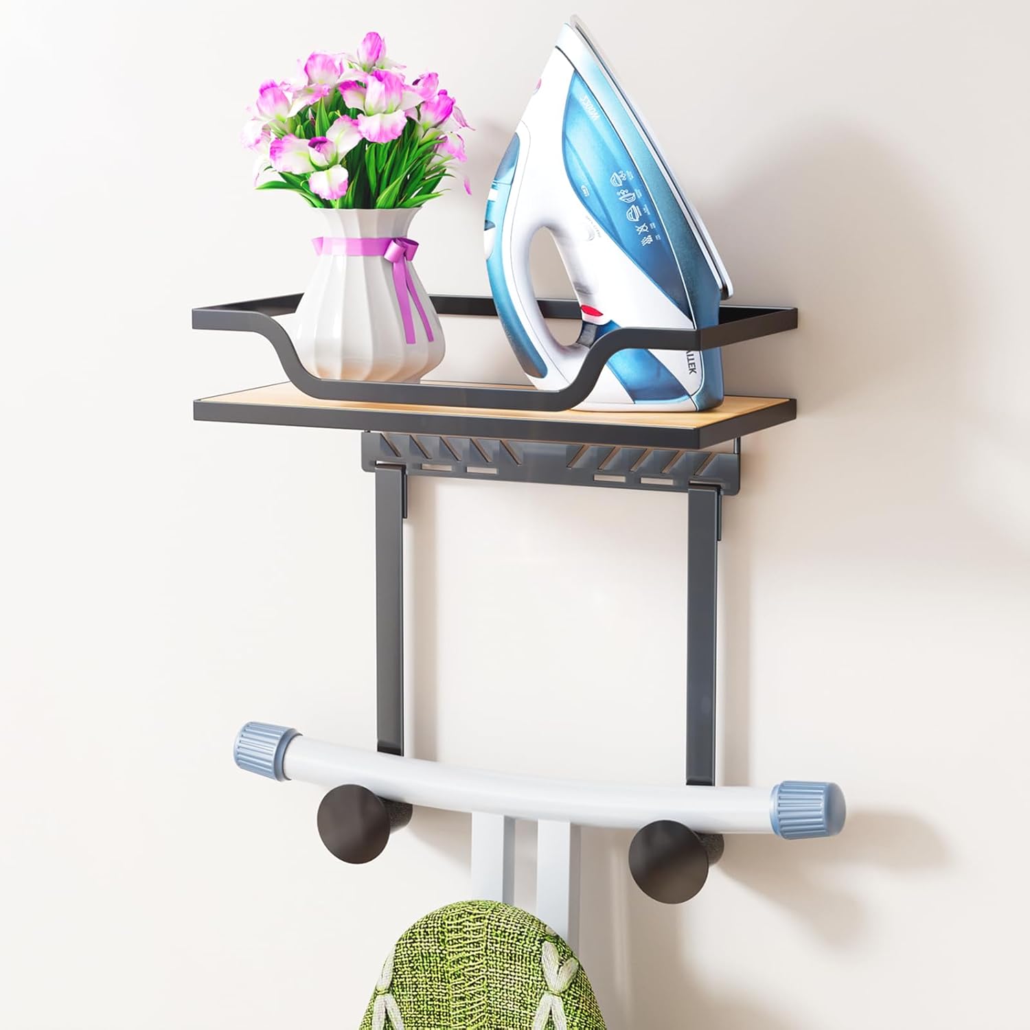 REFGY Ironing Board Hanger Wall Mount with Renewable Natural Fiber Shelf, Heavy Duty Iron Board Holder for Laundry Room Organization and Storage, Fits T & Y Shaped Leg Boards, Space Saving, Black