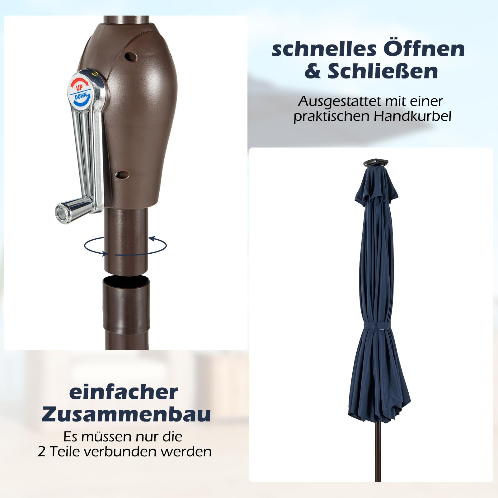 RELAX4LIFE Sonnenschirm Ø3M, Gartenschirm mit LED, Marktschirm Sechseck, Terrassenschirm mit Kurbelmechanismus, Kurbelschirm UV-beständig und Wasserabweisend, Ampelschirm Metallstruktur (Dunkelblau)