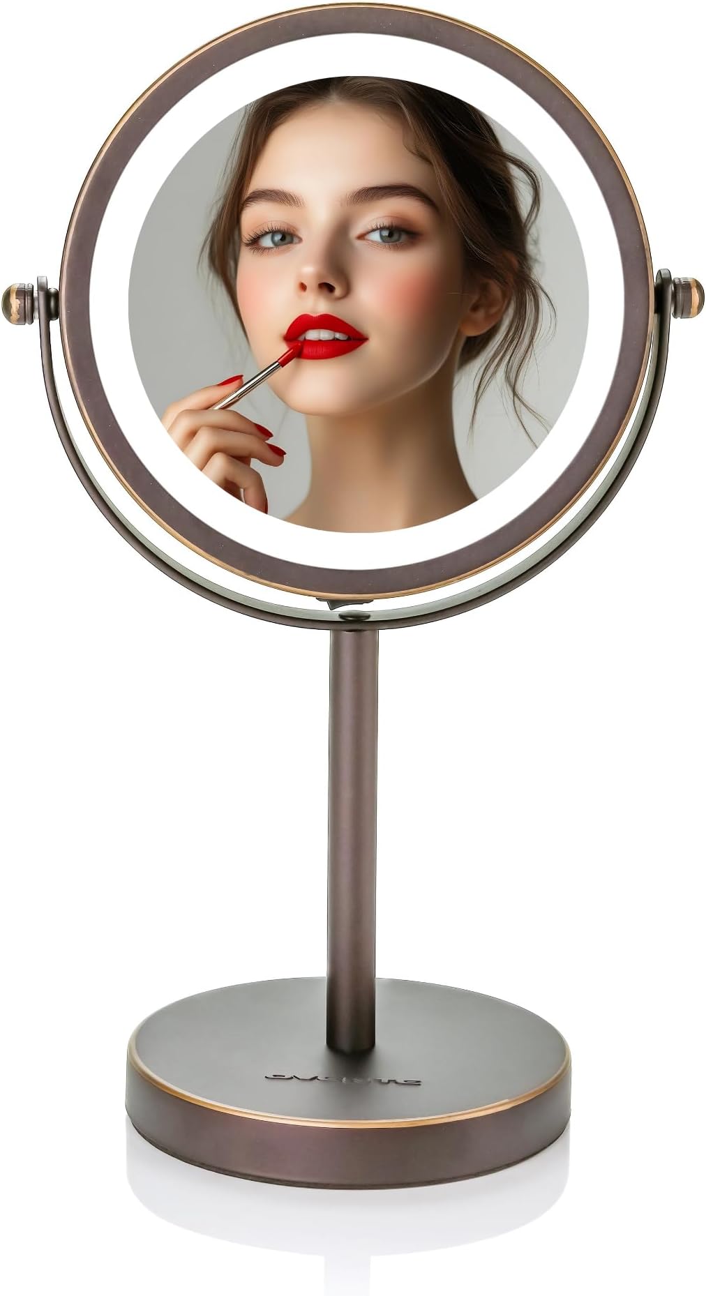 OVENTE 6" Lighted Makeup Mirror with 1X/7X Magnification, Cordless Tabletop Mount Vanity Round Mirror with 360° Swivel Design and Double Sided Cool Tone LED Ring Light, Antique Bronze MLT60ABZ1X7X