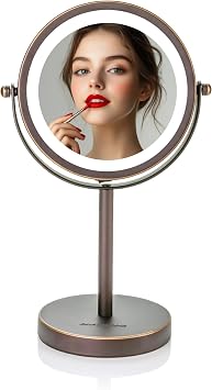 OVENTE 6" Lighted Makeup Mirror with 1X/7X Magnification, Cordless Tabletop Mount Vanity Round Mirror with 360 Swivel Design and Double Sided Cool Tone LED Ring Light, Antique Bronze MLT60ABZ1X7X