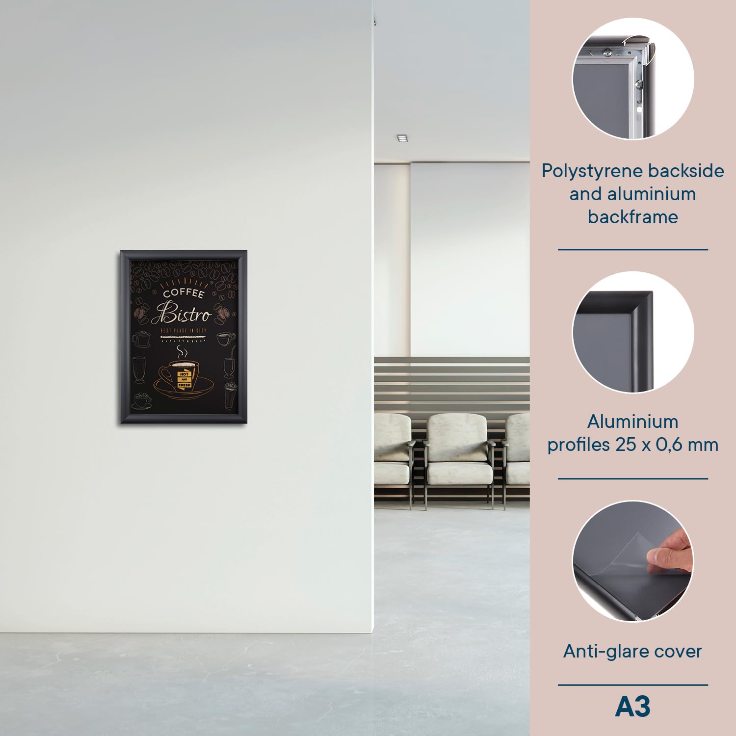 Europel Ramka zatrzaskowa Economy A3, kolor czarny, profil aluminiowy 25 x 11 mm, do plakatów 29,7 x 42 cm, folia antyrefleksyjna, ekspozycja reklam, menu, hotelu, biura, restauracji