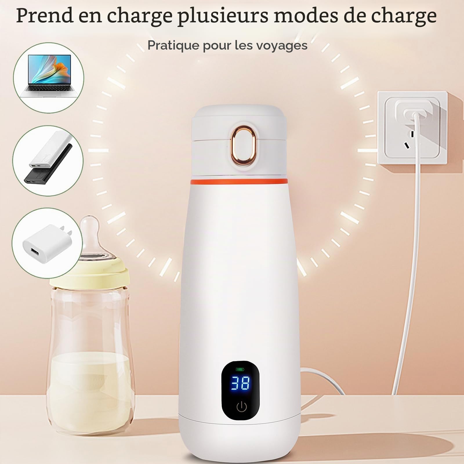 Chauffe Biberon Portable/Voiture/Voyage, 350ml, Universel, Sans Fil, Température Précise,Autonomie 24h, Rechargeable USB, Lait Maternel, Lait Tempérture Réglable 37°C a 55°C