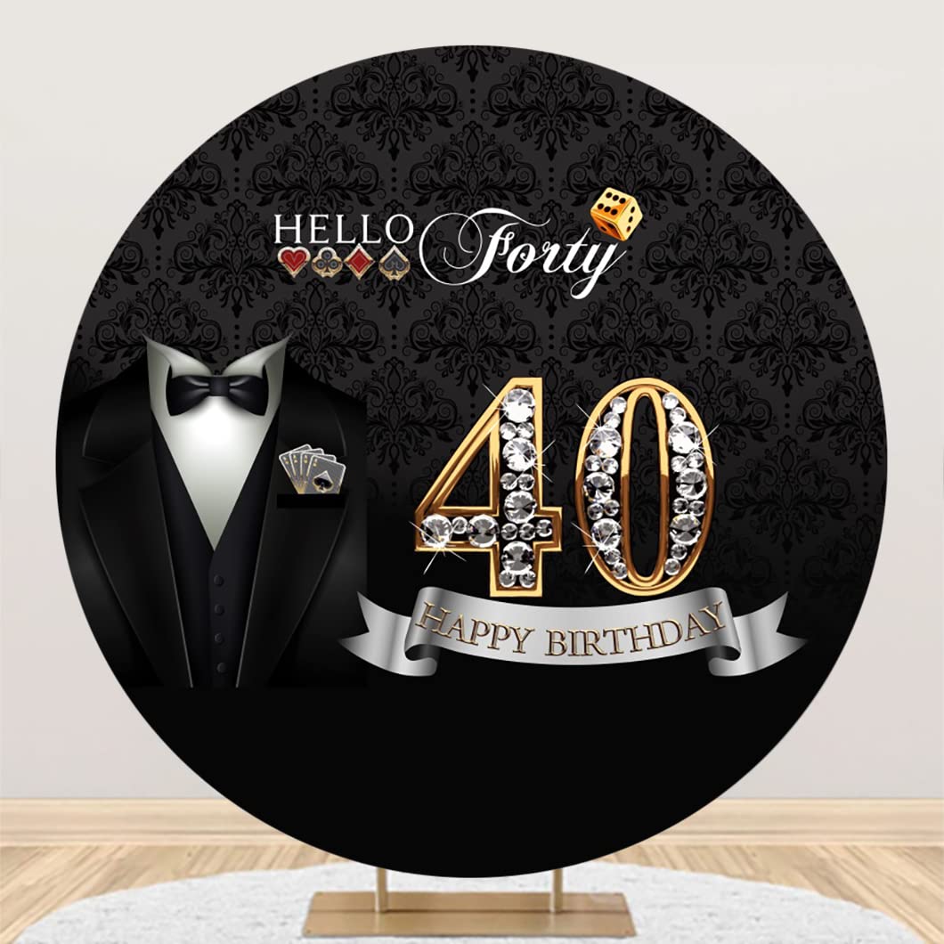 Leyiyi 7.2x7.2ft Men 40th Round Backdrop Cover Hello Forty Happy Birthday Photography Backdrop Bow Tie White Shirt Suit Necktie Suit Tuxedo Diamond
