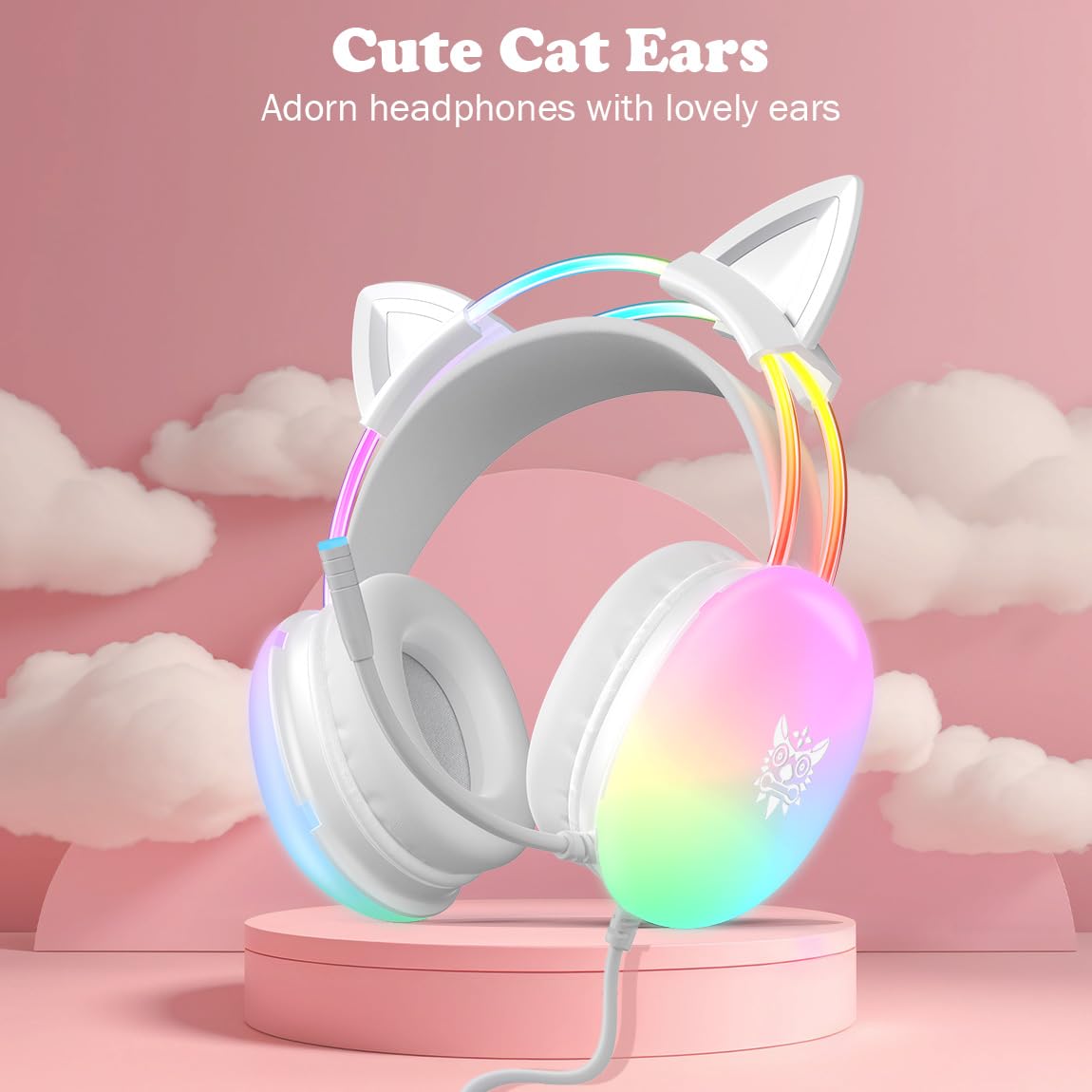 Cuffie da gioco con orecchie di gatto con microfono, illuminazione arcobaleno RGB, suono surround, cuffie over-ear cablate da 3,5 mm per PC/interruttore/laptop, fascia leggera e regolabile