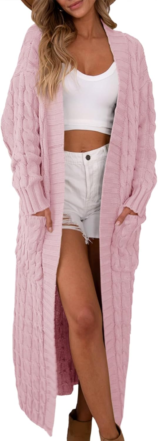 Saodimallsu Womens Open Front Long Cardigan Oversized Long Sleeve Loose Cable Knit Chunky Fall Sweater Coat with Pockets