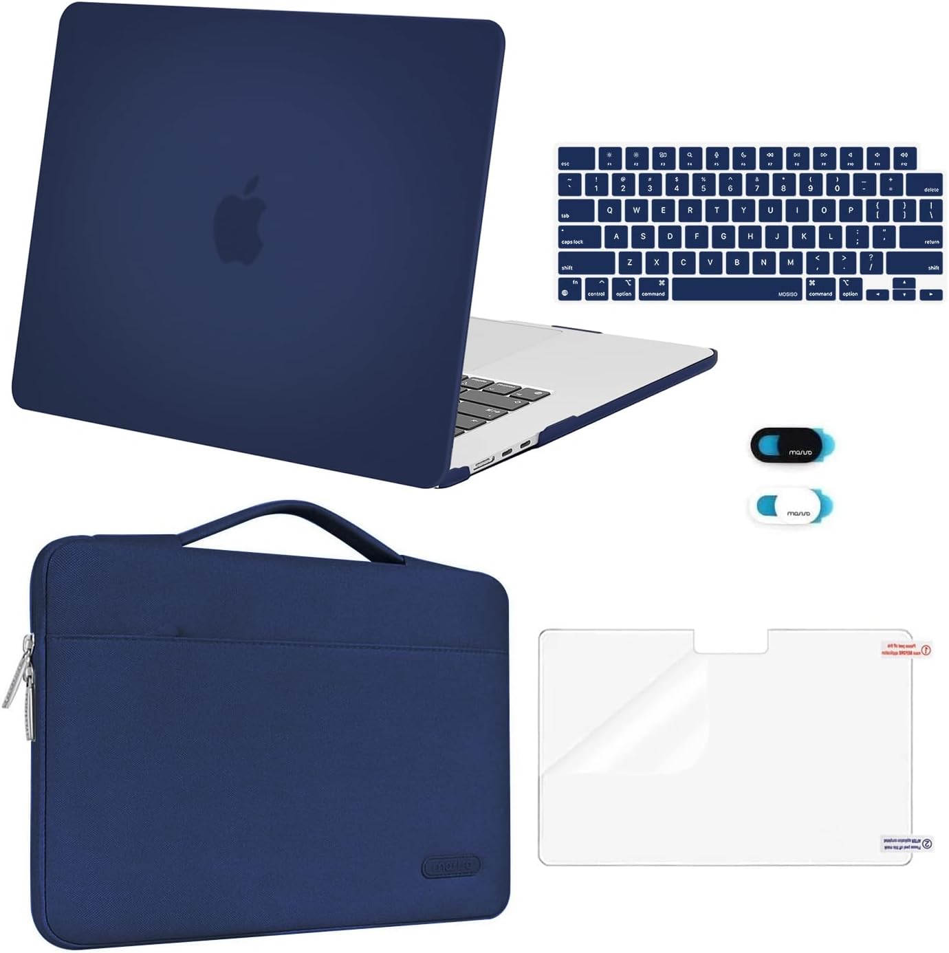 MOSISO Compatible with MacBook Air 15 inch Case M5 2026 M4 2025 M3 M2 2024 2023 A3448 A3241 A3114 A2941,Protective Hard Shell&Carrying Sleeve Bag&Keyboard Cover&Webcam Cover&ScreenFilm, Navy Blue