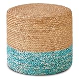 Wimarsbon 18'' Ottoman Pouf, Natural Braided Poof, Rustic Handweave Lounge Pouffe, Boho Footrest Stool for Bedroom, Accent Table for Living Room (Natural Water Hyacinth + Lake Blue Corn Husk)