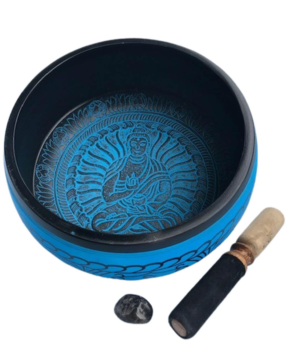 Singing Bowl Round Sides 8" Medicine Buddha Blue with wooden mallet and smoky quartz tumbled stone