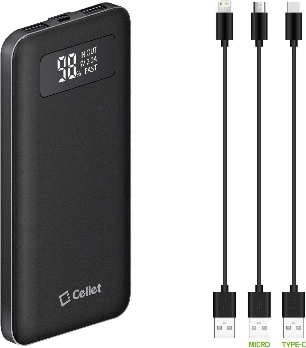 Portable Slim 10,000mAH Power Bank Works for Nokia Lumia 520 with Digital Display Screen, Status Update, and 3 Cables Included!