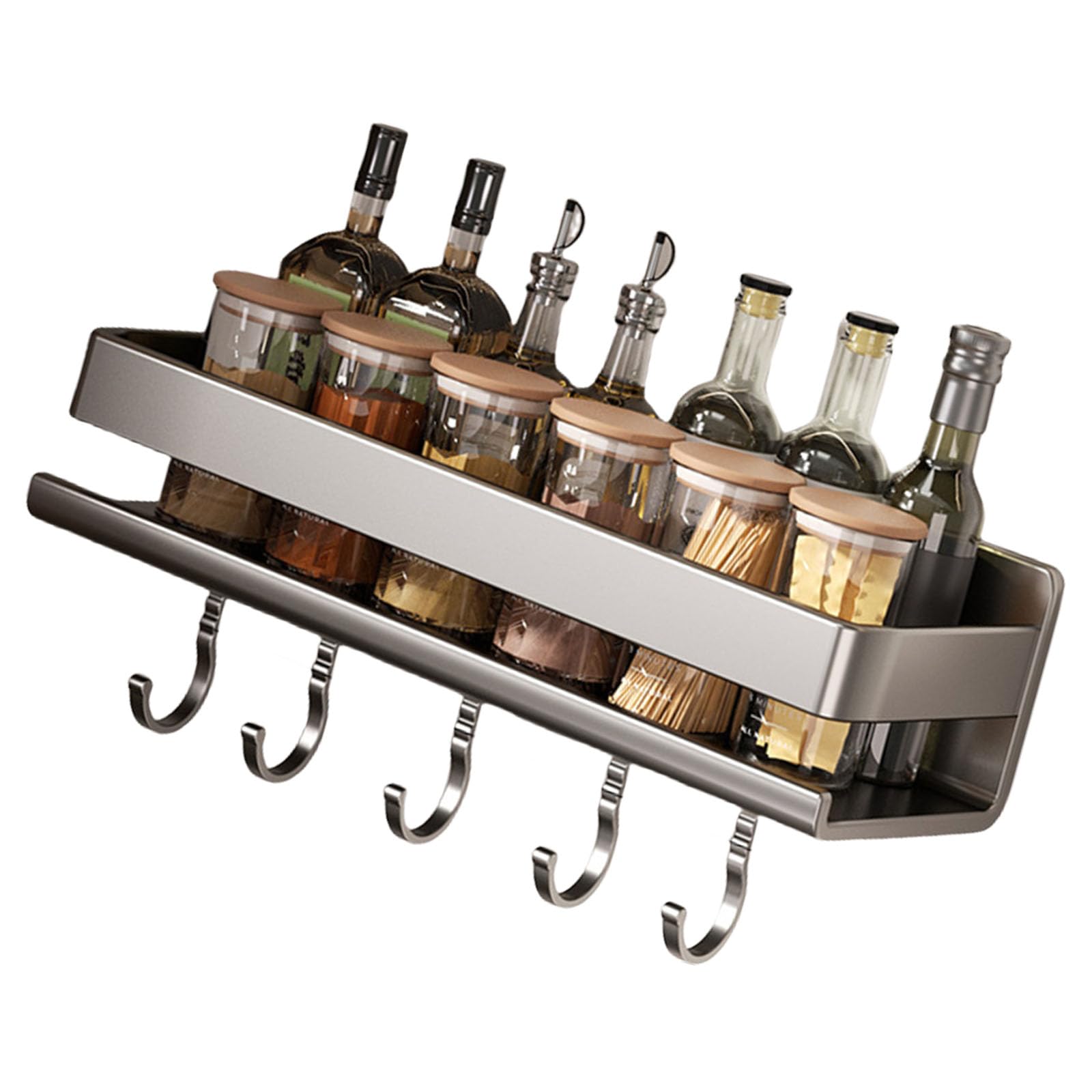 Nucelit Multipurpose Wall Mounted Spices Storage Shelf for Kitchen Supplies Without Drilling Required with Hook Designs Spices Shelf