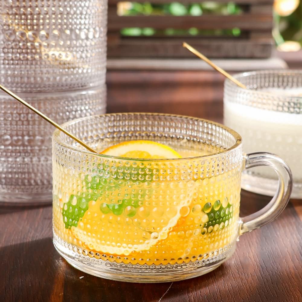 Vintage Glass Coffee Mugs Set of 4, 14 Ounces Embossed Glass Coffee Cups Stackable Coffee Mugs for Cereal, Yogurt, Latte, Clear Breakfast Cups with Handle for Hot or Cold Beverages (Beads*4) - Image 3