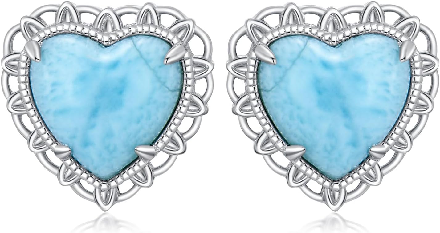 Natural Larimar Stud Earrings 925 Sterling Silver Heart Shaped Real Larimar Gemstones Earring Summer Beach Jewelry for Women