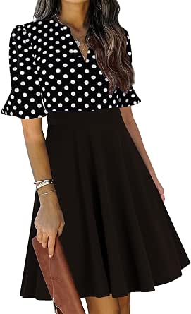 Mokayee Women's Summer V-Neck Ruffle Short Sleeve Fit and Flare Knee-Length Dress with Pockets