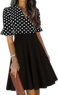 Womens Summer V Neck Ruffle Short Sleeve Fit and Flare Knee Length Church Wedding Guest Dresses with Pockets