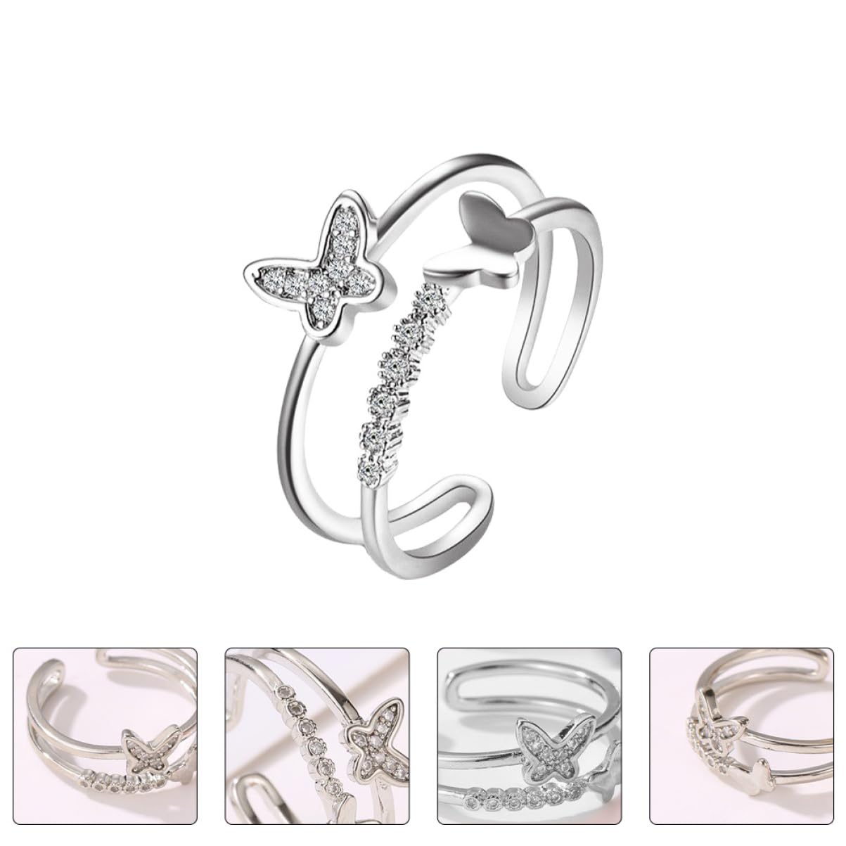 KESYOO Adjustable Double Layer Butterfly Ring for Women Opening Finger Ring with Rhinestone Decoration Simple Knuckle Decor Ring Stackable Jewelry for Daily Wear
