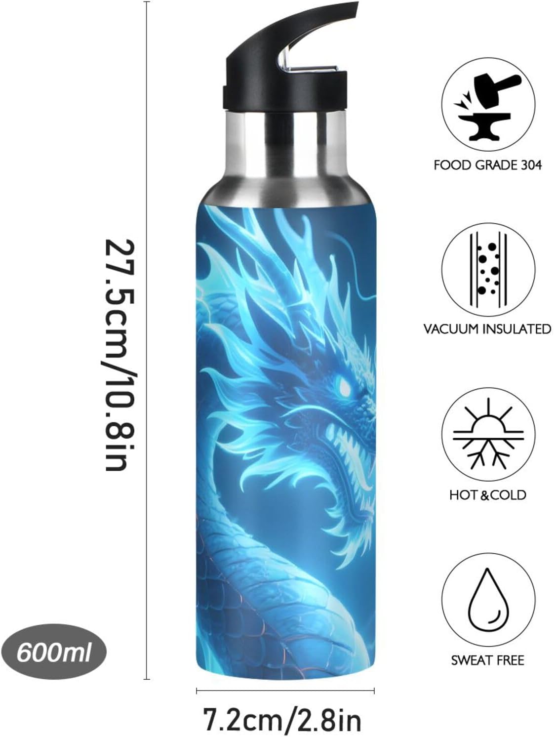 Dragon Blue Lightning Water Bottle with Straw Lid Kids Insulated Stainless Steel Water Flask Sports, 20 Oz Hot Cold - Image 4