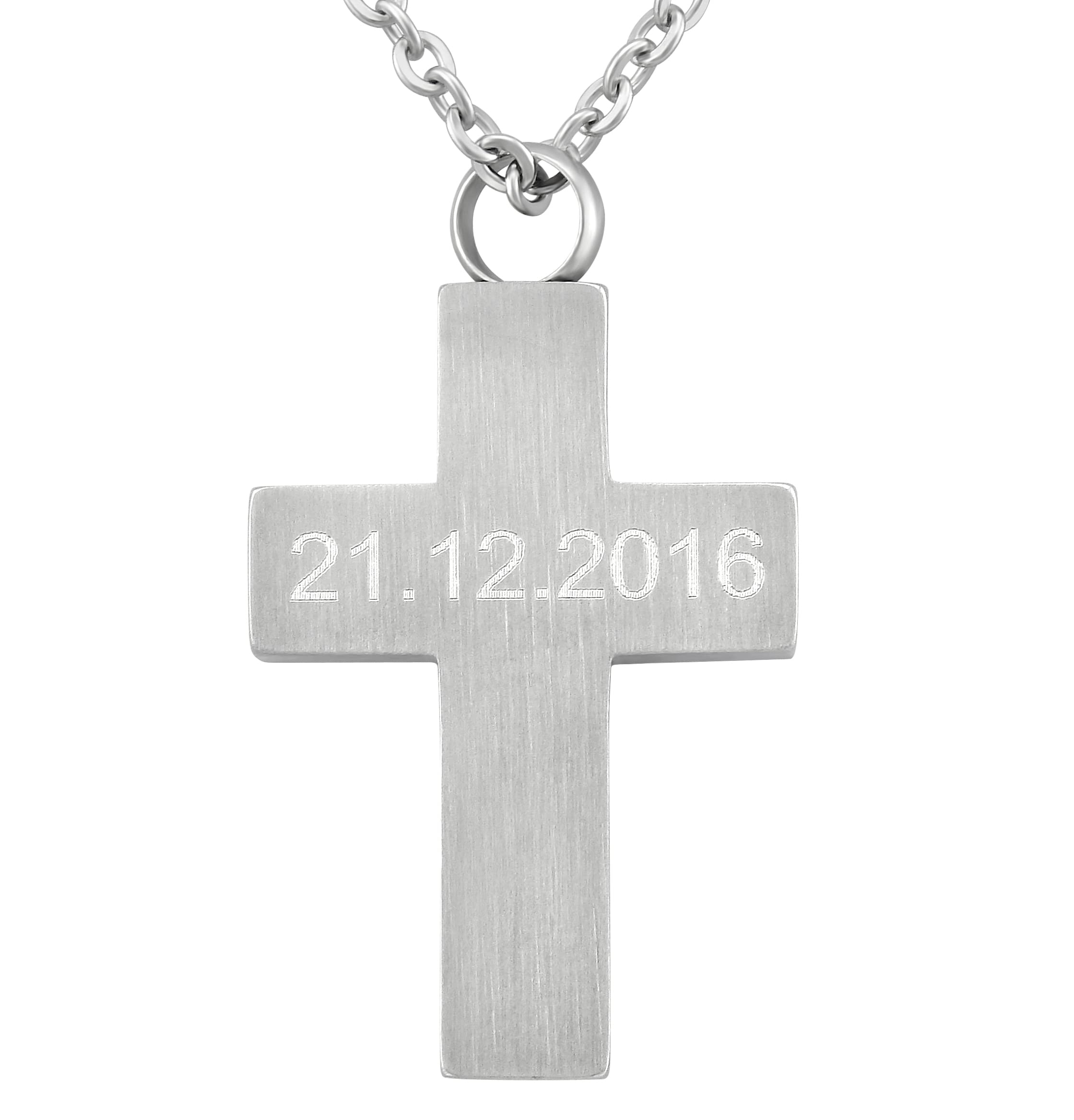 Personalisierte Kette mit Gravur Edelstahl 50 cm mit Anhänger Kreuz Rückseite matt in silber schwarz - Personalisierte Halskette für Männer und Frauen - Personalisierter Schmuck Damen Herren