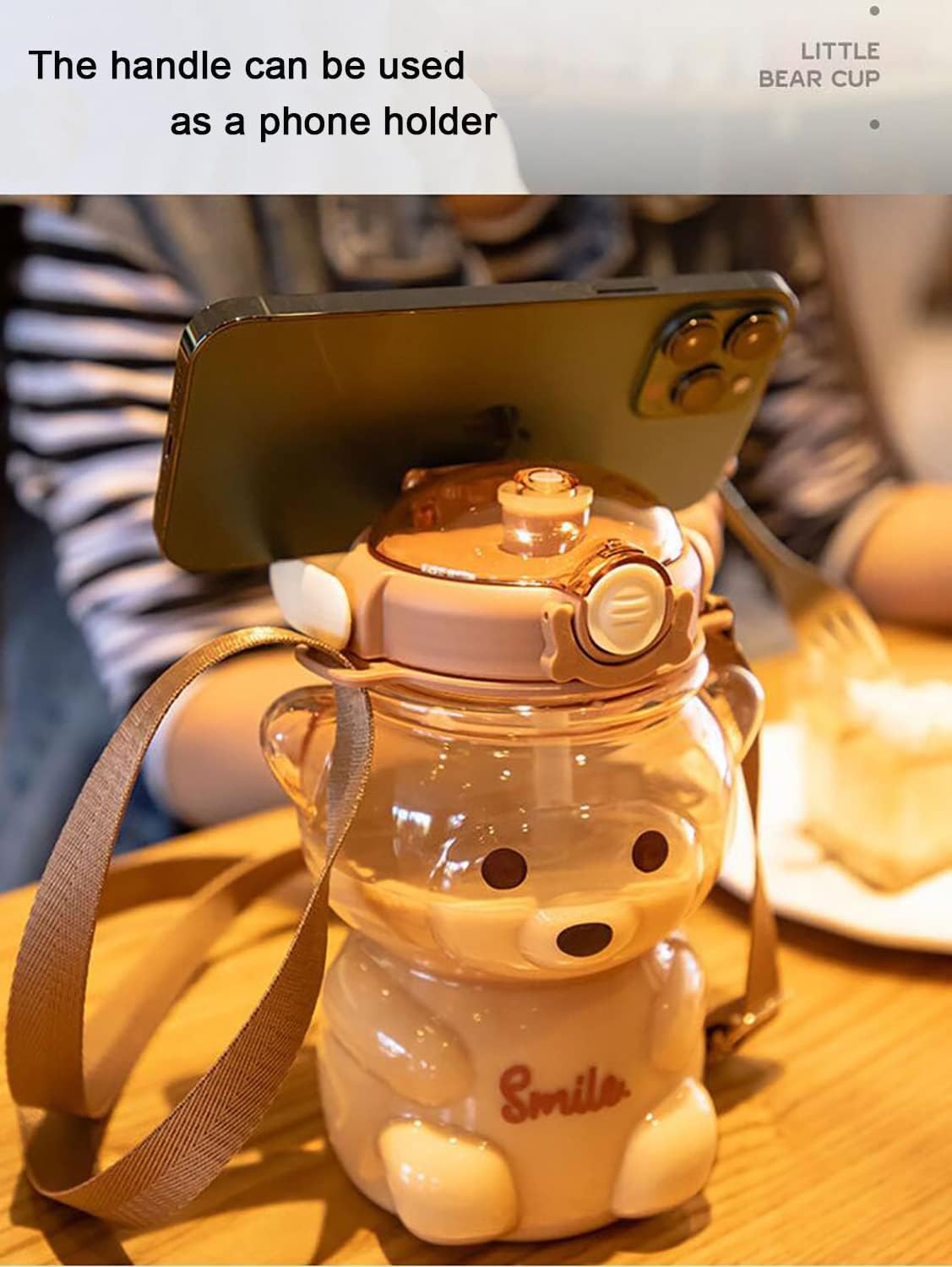 TourKing Teddy Bear Water Bottles with Adjustable Straw,3D Stickers and Strap,Portable Leakproof BPA-Free Water Bottle For Girls for School Sports Camping Hiking Travel(1000ml/34oz) (brown, 1000ml) - Image 5