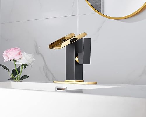 Miniatura 5 de Grifos de baño de un agujero LED cascada caño negro y dorado RGB 3 colores cambio de luz temperatura Lavabo lavabo grifo latón sola manija moderna