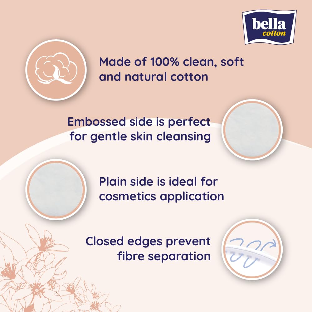 Bella Cotton Pads - 70pcs | Pack of 2 | D- Panthenol & Orange Blossom Extract | Soothes skin | Makeup Removal & Cleansing Pads | Skin friednly | Soft & Gentle| Daily use