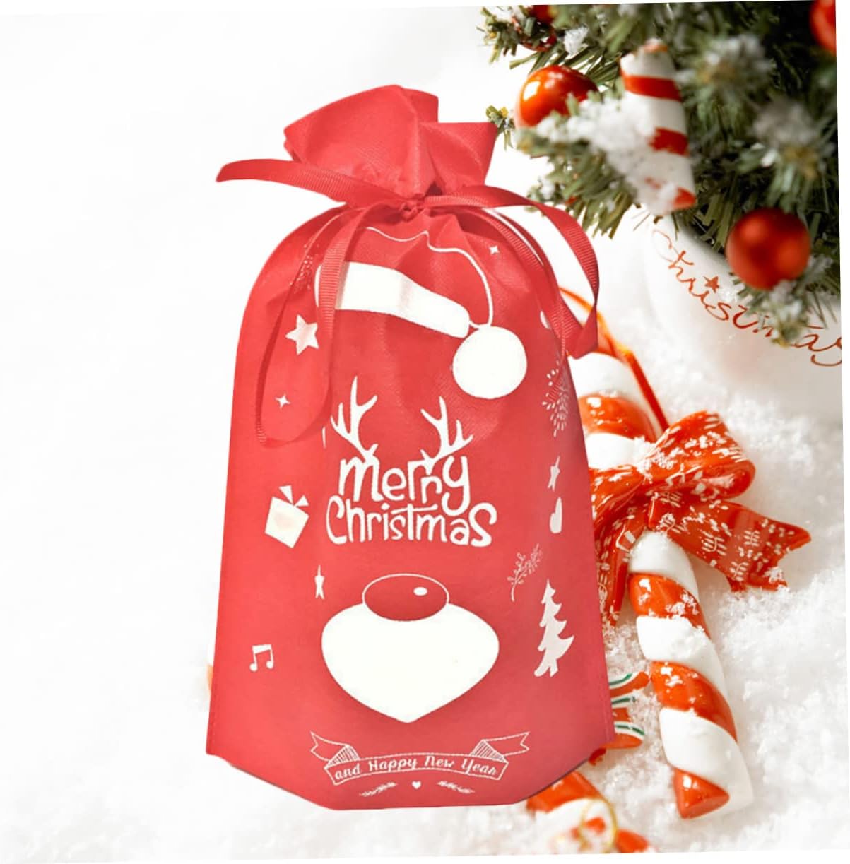 10pcs Christmas Drawstring Bags, Nonwoven Red Candy Bags for Xmas Treats